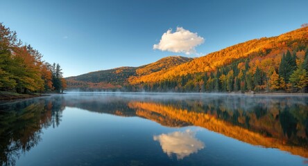 Obraz premium Relaxing mountain view with a tranquil lake and autumn maple trees
