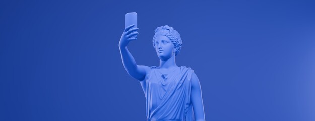 Selfie, a monochromatic blue classical statue of a woman holding a smartphone to take a selfie against a solid blue background, blending ancient art with modern technology, 3D rendering.