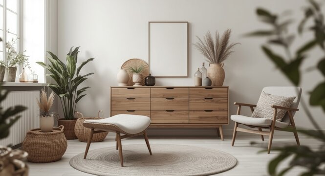 Cozy Scandinavian style living area with drawer chest, lounge chair, and curated decorative items
