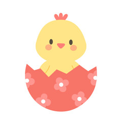 Cute easter chick hatching from floral egg shell. Adorable spring flat vector illustration for nursery print, greeting card, baby design, sticker, poster and holiday decoration.