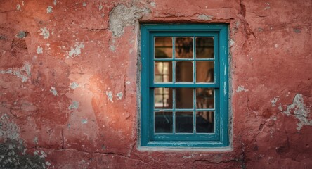 Fototapeta premium Rustic charm with vintage window and teal frame on aged red cement wall