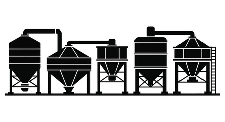 Black silhouette illustration depicting an industrial brewery or distillery complex © Tm Studio