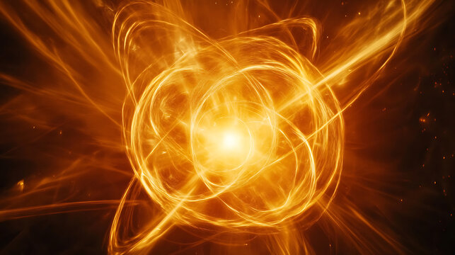 Electron cloud movement between charged atoms in a high-energy plasma environment with sharp lighting 