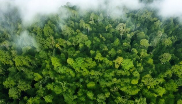 Lush Green Forest Canopy with Mist, Aerial View of Dense Woodland.