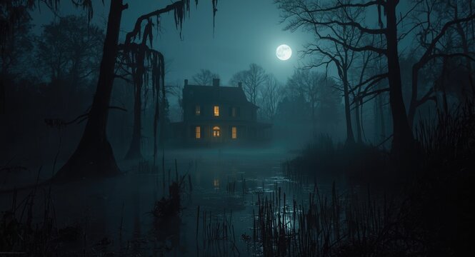 Mystical swamp scene with creepy mansion glowing under full moon night sky