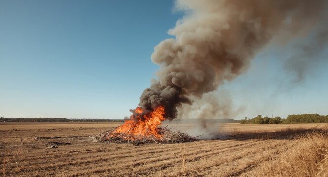 Controlled burn of field trash creating heavy smoke in open area