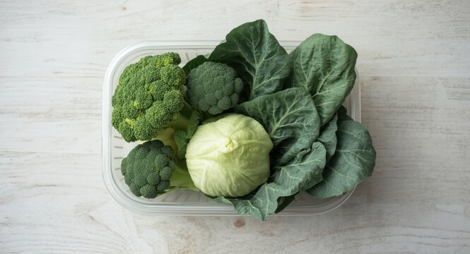 Broccoli heads and cabbage leaves arranged in a plastic container over a light wood grain background
