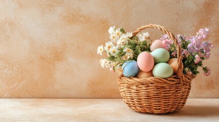 Obraz premium Woven Easter basket filled with pastel colored eggs and spring flowers
