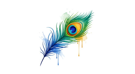 Obraz premium Vibrant Peacock Feather with Splattered Paint Droplets on White Background Illustration