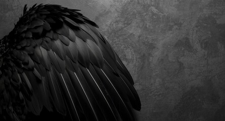 Fototapeta premium Soft feathers on close up raven wings with textured backdrop and negative text space