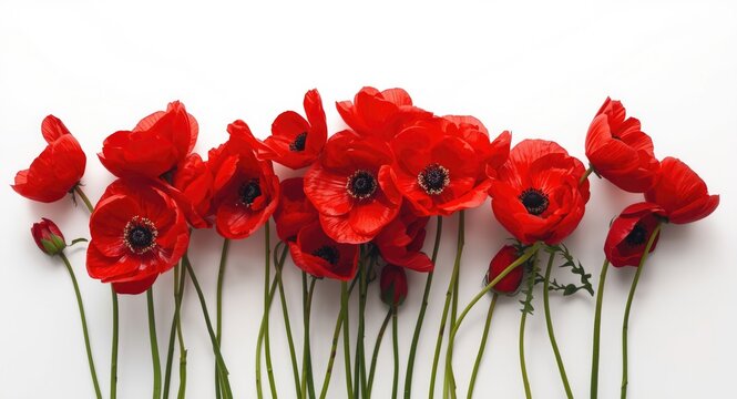 floral collection featuring bright red anemone flowers in various bloom phases isolated on white