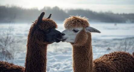 Fototapeta premium Friendly alpacas interacting with each other on a frozen winter landscape