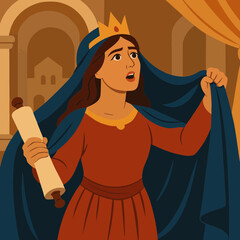 Flat vector illustration of Queen Esther revealing her Jewish identity
