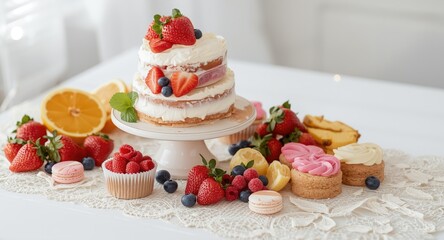 Obraz premium Freshly baked cake and sugary treats surrounded by summer fruits on white kitchen table with leaf design placemat