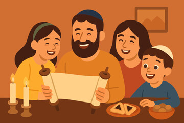 Flat vector joyful family reading the Megillah scroll together at home, candles and snacks nearby