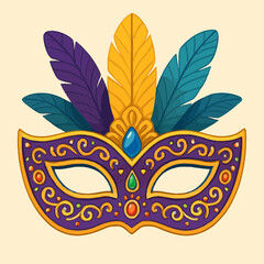 Flat vector close-up of ornate Purim mask with intricate patterns, feathers, and gems