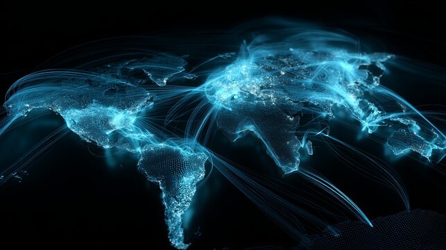 A glowing blue map of the world on a black background representing global connections and technology