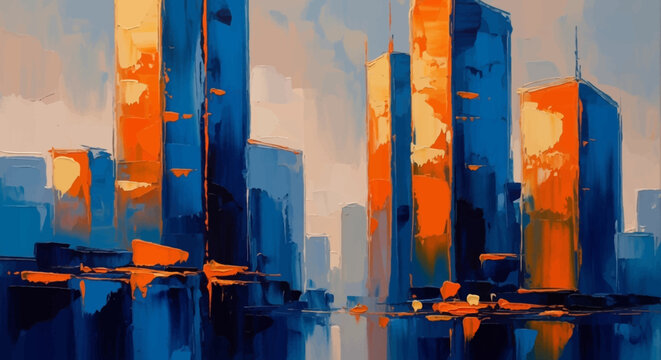 Cityscape illustration with skyscrapers and vibrant colors, captured from a low viewpoint Whisk_387bee9ad323c7a996d4566a62e3efa2dr.eps