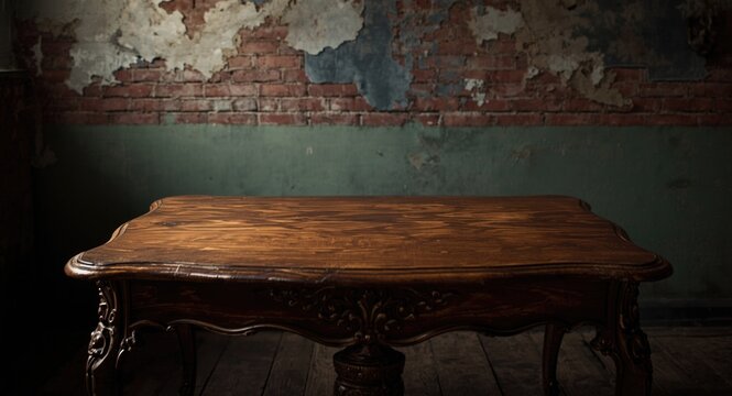 Retro designed wooden table bringing charm to a nostalgic room with a grungy wall