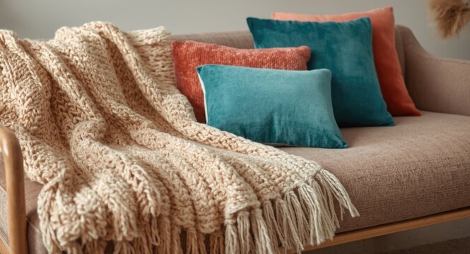 Soft warm knit blankets and vibrant cushions placed on a lounge seat