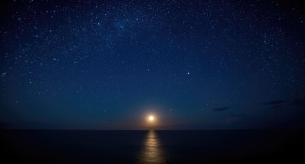 Moonlit ocean horizon framed by a blanket of shining stars at night