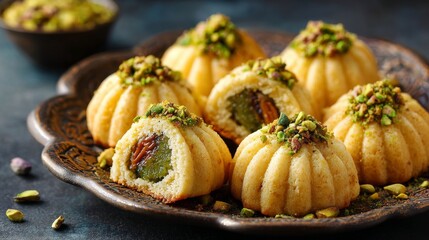 Traditional eid maamoul cookies filled with dates, walnuts and pistachios, authentic arabic sweets made from semolina pastry, festive middle eastern dessert assortment for islamic holiday celebration,