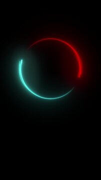 Abstract vertical banner concept. Minimalist rotating seamless neon color circle with alpha channel. Glowing red and cyan color light trails. Minimalist Yin Yang symbol with copy space. Design element