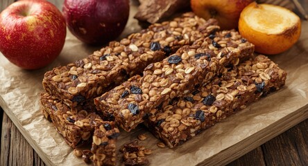 Fototapeta premium Rustic kitchen display of dried fruit cereal bar in whole and sliced form
