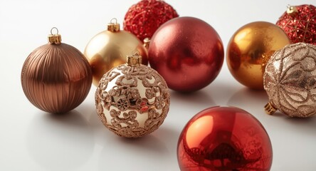 Fototapeta premium Set of Christmas baubles in bronze gold and red hues with unique finishes on white