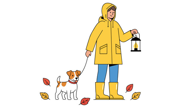 Vector Illustration of Person Walking Jack Russell Terrier on PNG Background, Person Walking Dog, Jack Russell Terrier Vector, Flat Vector Illustration, White Background Vector, Autumn Walk Vector,