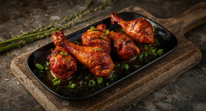 Spicy grilled jerk chicken drumsticks and thighs served on a black platter with fresh ingredients on a stone board and copy space
