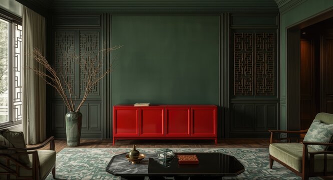 Red cabinet focal point in an Asian inspired living room with deep green wall