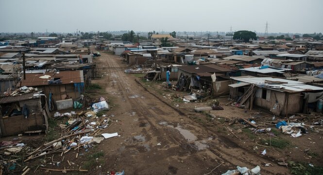 Sprawling informal settlement scene showing poverty effects and scattered litter areas