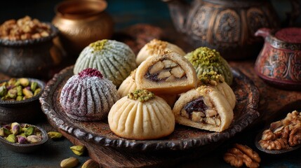 Assorted traditional maamoul cookies filled with dates, pistachios, and walnuts arranged on serving plate, festive middle eastern eid dessert for ramadan and religious celebration gathering