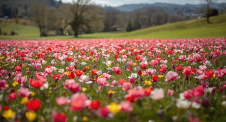 Scenic early spring green glades richly carpeted with bright anemones