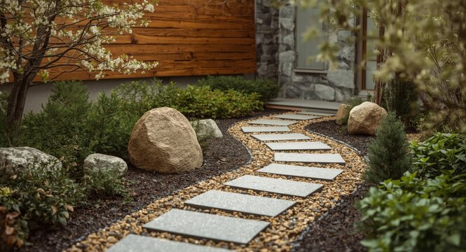 Stylish urban backyard with Japanese garden composition including flagstone path and decorative stones
