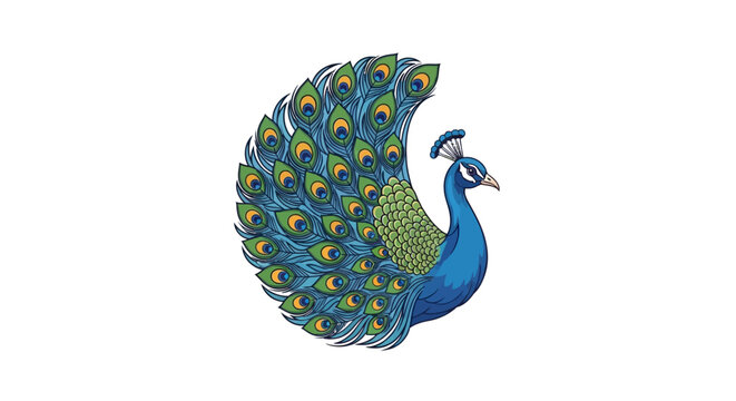 A vibrant peacock displaying its colorful plumage in a majestic pose, viewed from the side