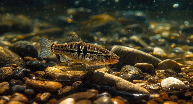 Candy darter fish exhibiting radiant patterns swimming through clear freshwater riverbed with natural stones