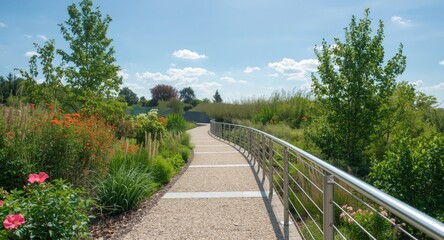 Minimalist stainless steel railings beside a tranquil garden trail under a bright sky