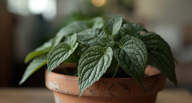 Close framing on textured Plectranthus amboinicus leaves planted in terracotta against an out of focus indoor environment