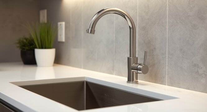 streamlined kitchen basin including a stainless steel mixer tap fixture