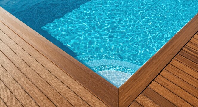 Teak wooden decking around fiberglass pool entrance steps with bright blue water illuminated by summer sun and blank text area