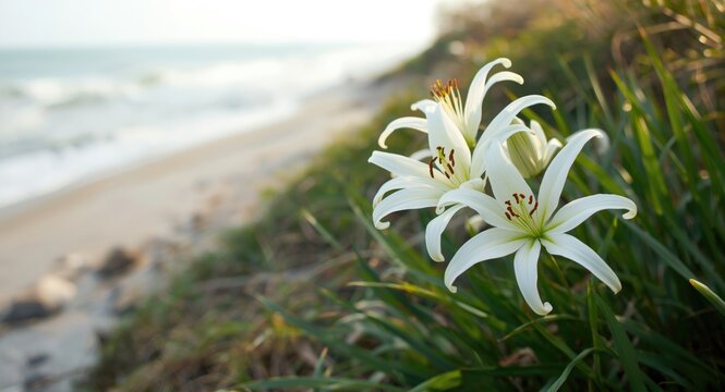 Natural park setting with beach spider lily flowers blooming