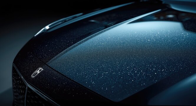 Close view of an automobile hood with a sparkling polished finish illustrating distinguished elegance