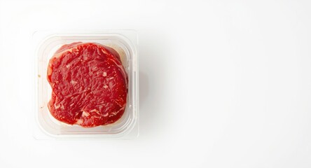 Well presented beef steak in packaging on white surface providing space for text