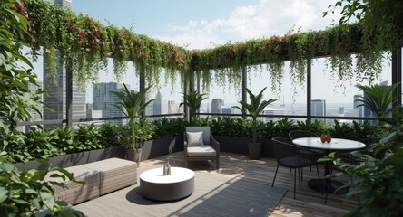 Stylish sky garden with cascading plants and modern outdoor furniture
