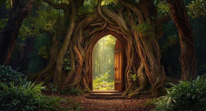 Woodland backdrop with a magical door framed by living wood to a mesmerizing fantasy world beyond