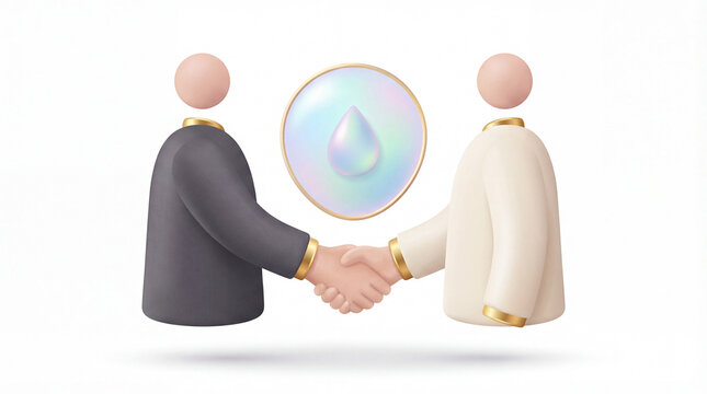 Two businesspeople shaking hands in a partnership agreement with a water droplet symbol