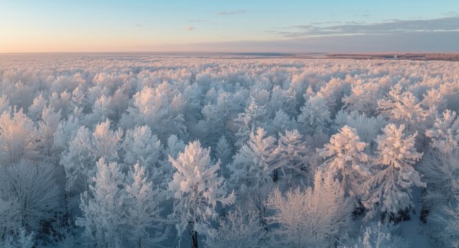 Panoramic aerial shot of snow covered winter forest with frosty trees in festive mood