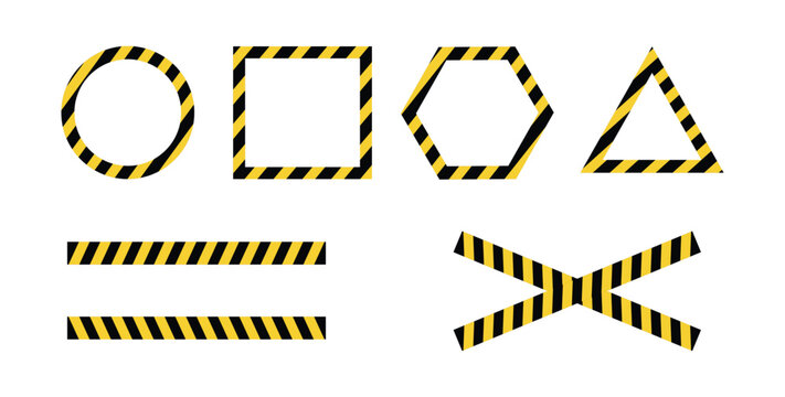 Yellow black caution frame set. Hazard warning border collection. Safety stripe geometric shapes. Industrial danger tape design